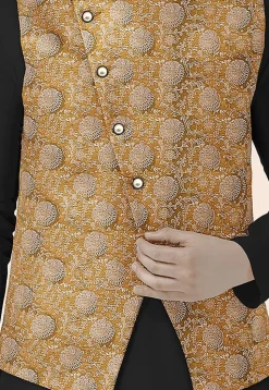 Block Printed Art Silk Nehru Jacket in Olive Green