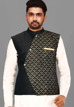 Block Printed Art Silk Nehru Jacket in Black