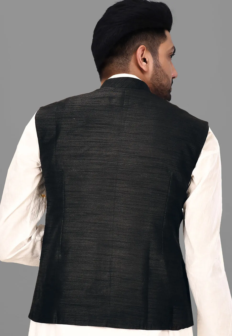 Block Printed Art Silk Nehru Jacket in Black
