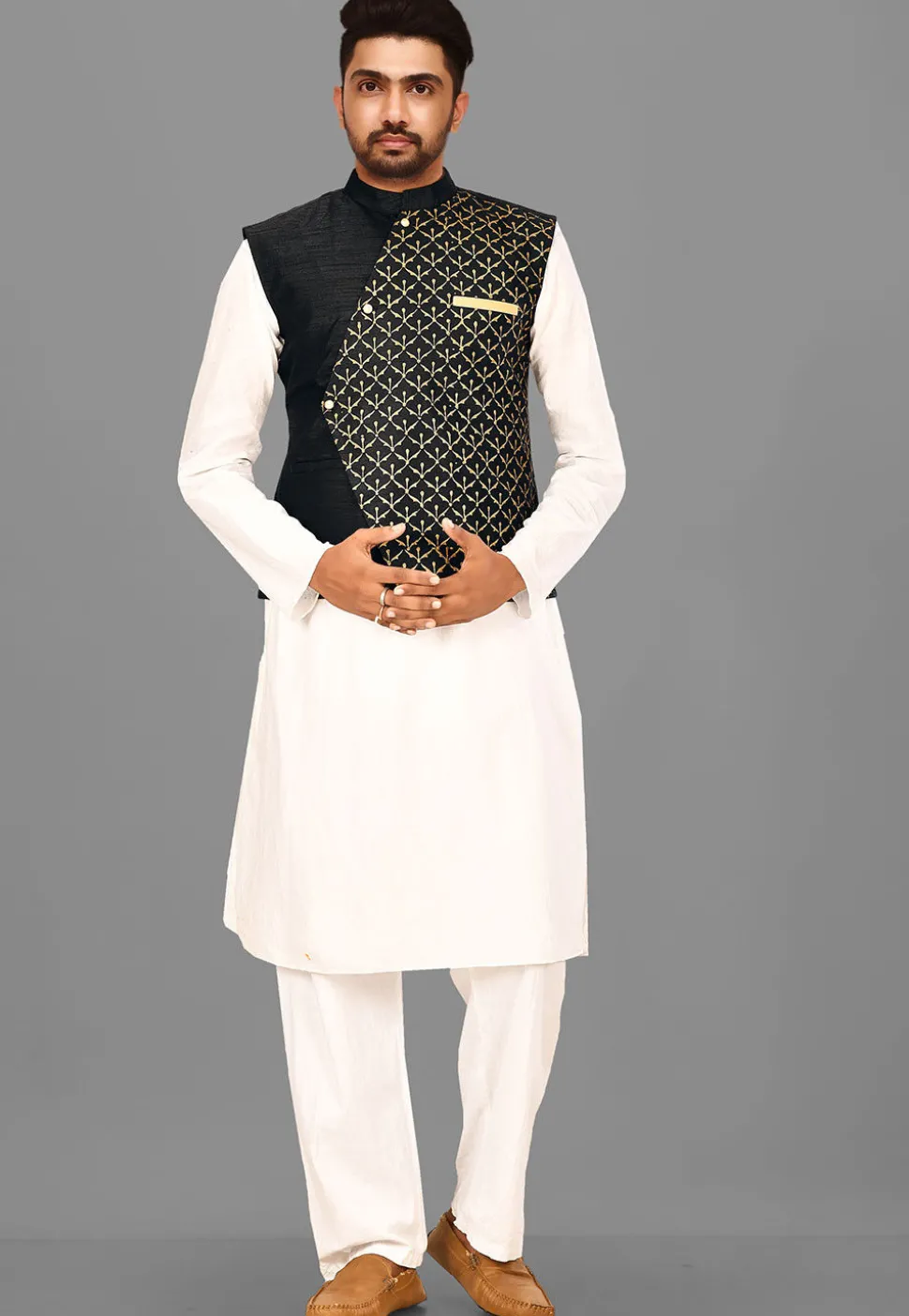 Block Printed Art Silk Nehru Jacket in Black