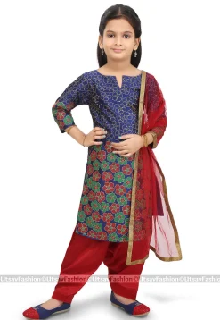 Block Printed Art Silk Punjabi Suit in Dark Blue