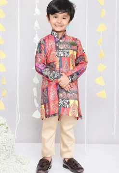 Block Printed Art Silk Sherwani in Multicolor