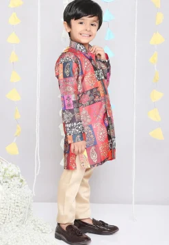 Block Printed Art Silk Sherwani in Multicolor