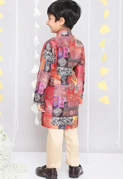 Block Printed Art Silk Sherwani in Multicolor