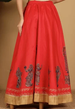 Block Printed Art Silk Skirt in Red
