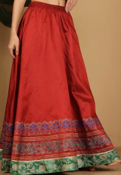 Block Printed Art Silk Skirt in Maroon