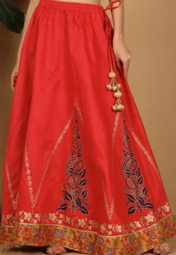Block Printed Art Silk Skirt in Red