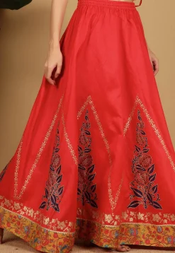 Block Printed Art Silk Skirt in Red