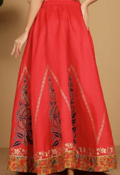 Block Printed Art Silk Skirt in Red