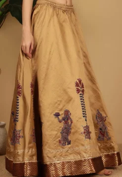 Block Printed Art Silk Skirt in Beige