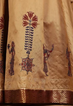 Block Printed Art Silk Skirt in Beige