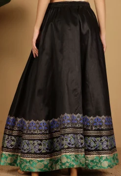 Block Printed Art Silk Skirt in Black