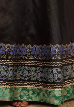 Block Printed Art Silk Skirt in Black