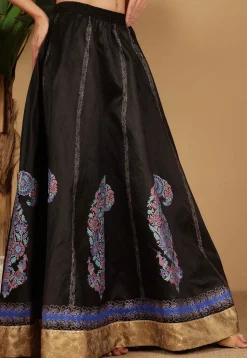 Block Printed Art Silk Skirt in Black