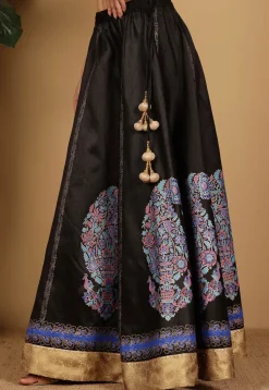 Block Printed Art Silk Skirt in Black