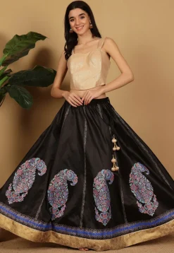 Block Printed Art Silk Skirt in Black