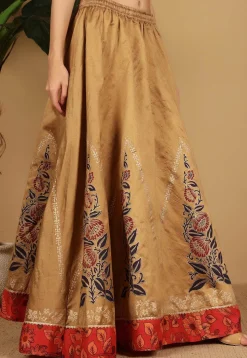 Block Printed Art Silk Skirt in Beige