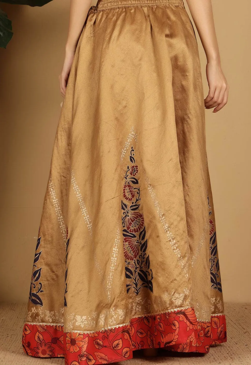 Block Printed Art Silk Skirt in Beige