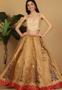 Block Printed Art Silk Skirt in Beige
