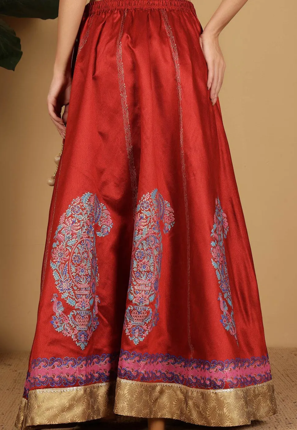 Block Printed Art Silk Skirt in Maroon