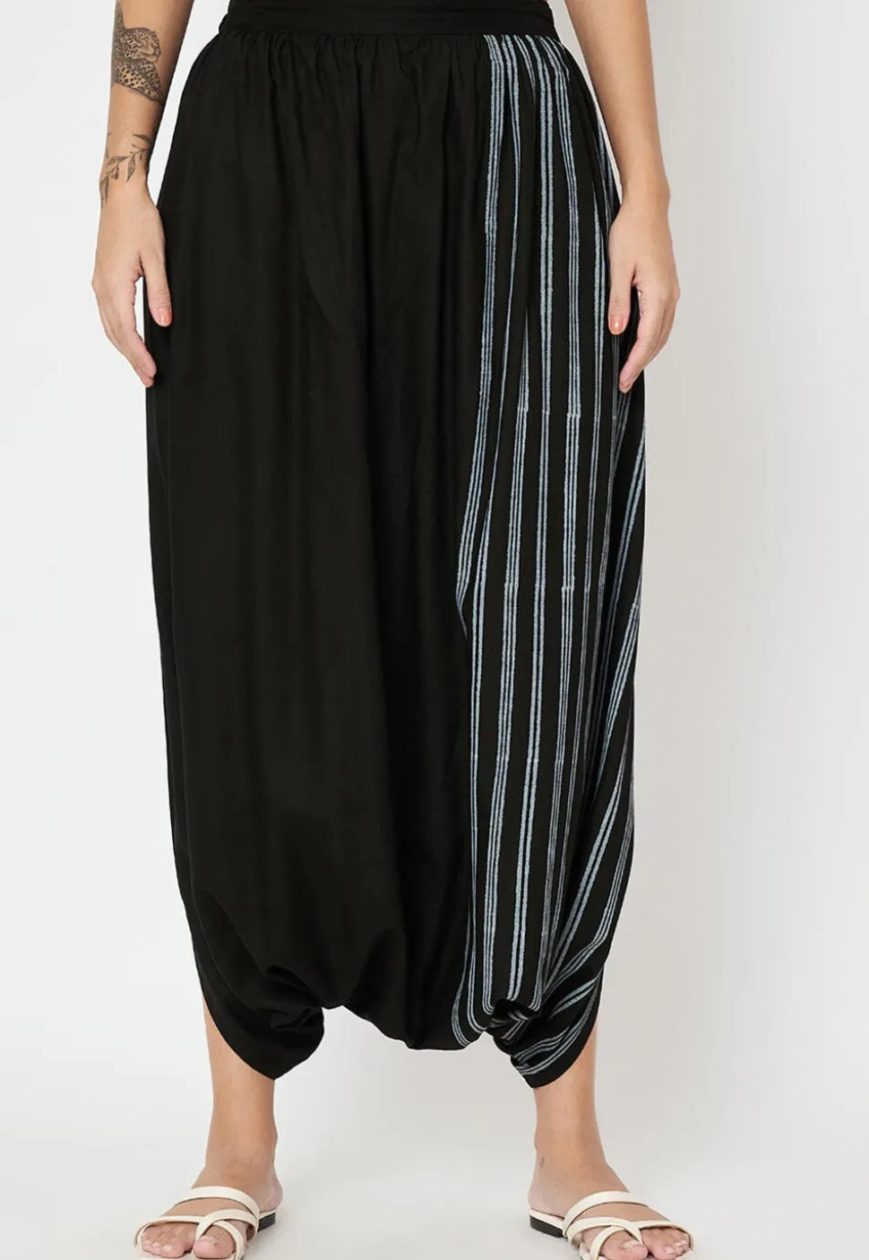 Block Printed Art Viscose Silk Harem Pant in Black