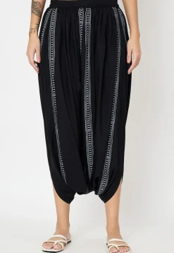Block Printed Art Viscose Silk Harem Pant in Black