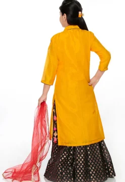 Block Printed Bhagalpuri Silk Lehenga in Mustard
