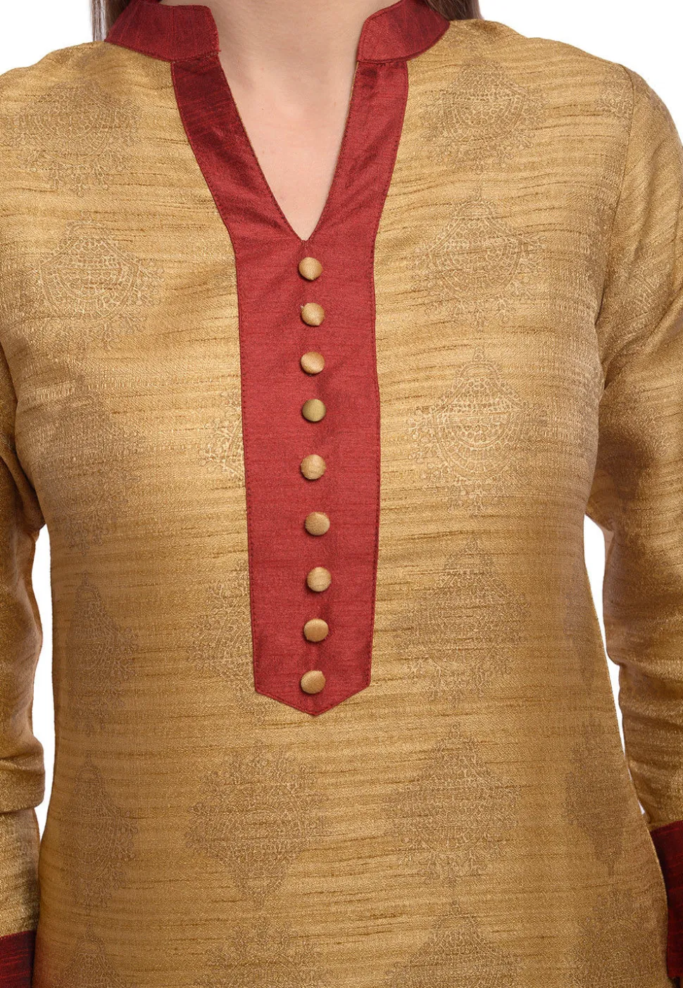 Block Printed Bhagalpuri Silk High Low Kurta in Beige