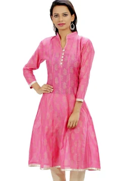 Block Printed Chanderi Cotton Anarkali Kurta in Pink