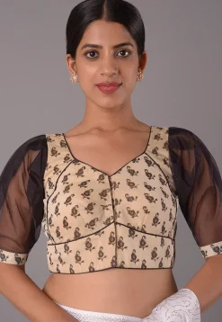 Block Printed Chanderi Cotton Blouse in Beige And Black