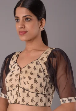 Block Printed Chanderi Cotton Blouse in Beige And Black