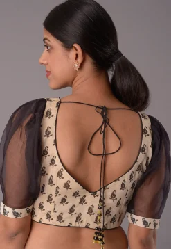 Block Printed Chanderi Cotton Blouse in Beige And Black
