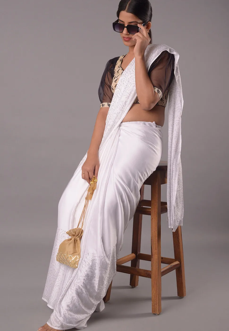 Block Printed Chanderi Cotton Blouse in Beige And Black