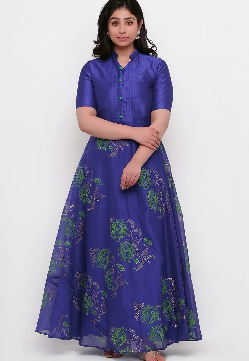 Block Printed Chanderi Silk Gown in Dark Blue