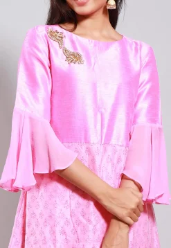 Block Printed Chanderi Silk A Line Kurta in Pink