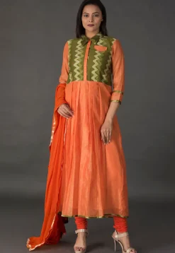 Block Printed Chanderi Silk A Line Suit in Orange and Green