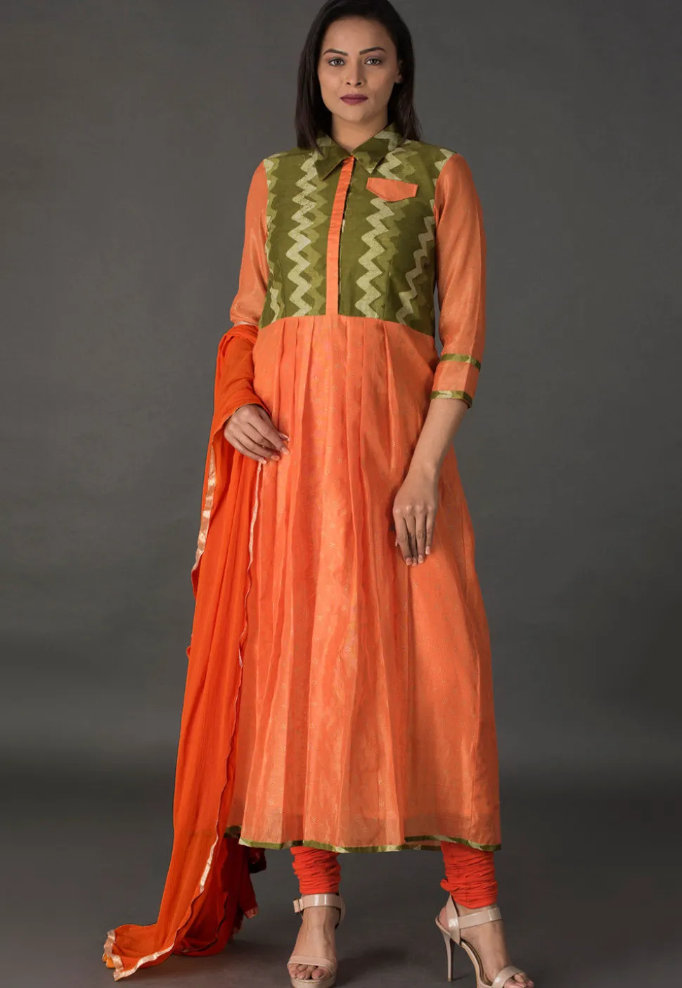 Block Printed Chanderi Silk A Line Suit in Orange and Green