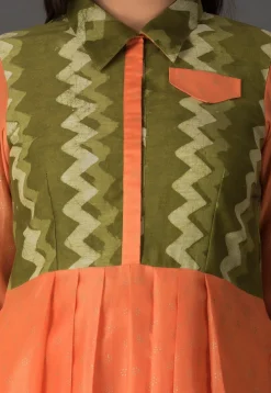 Block Printed Chanderi Silk A Line Suit in Orange and Green