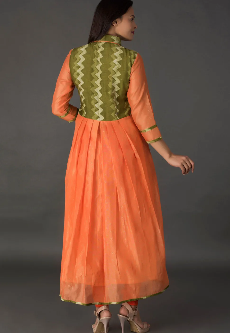 Block Printed Chanderi Silk A Line Suit in Orange and Green