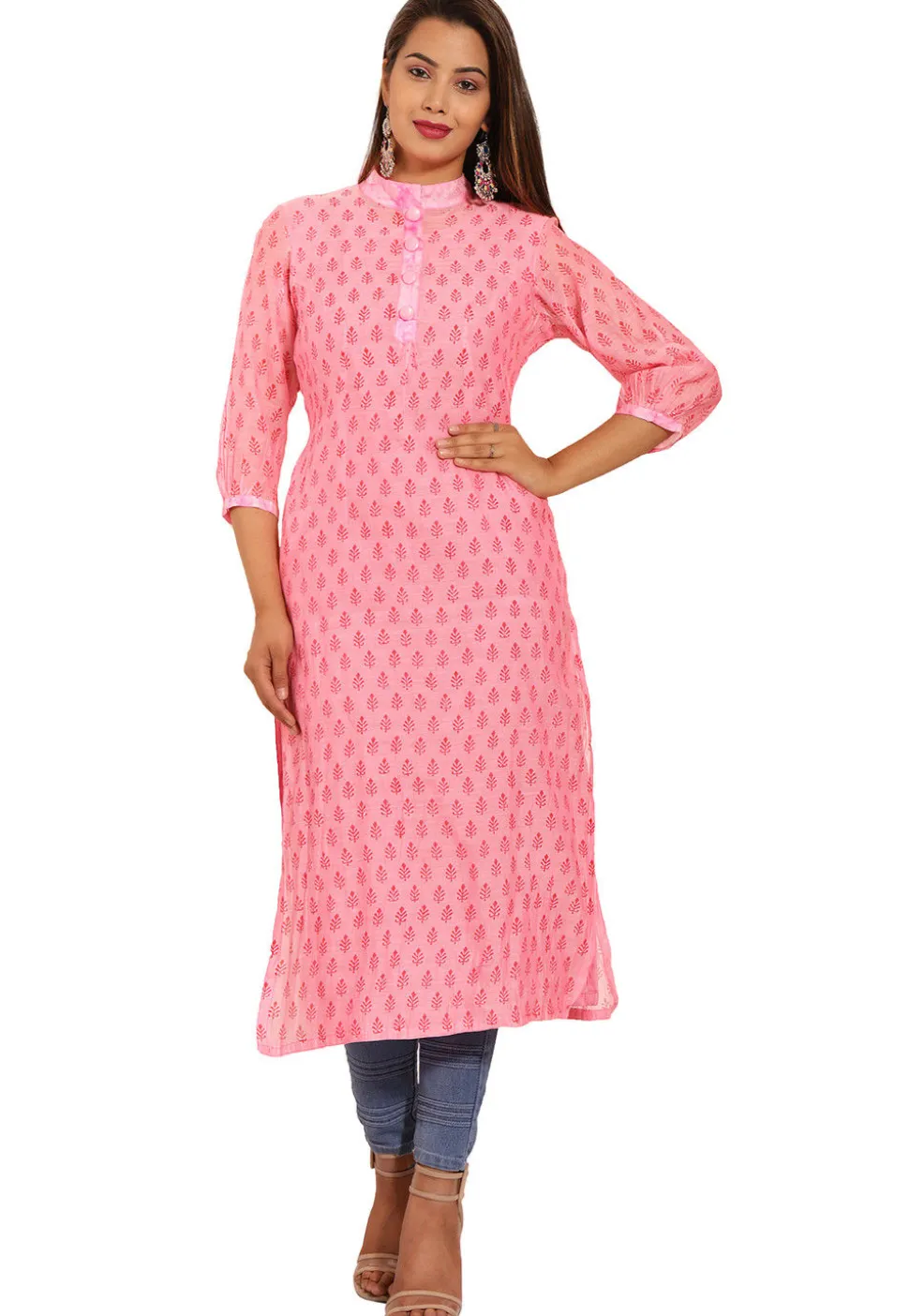 Block Printed Chanderi Silk Straight Kurta in Pink