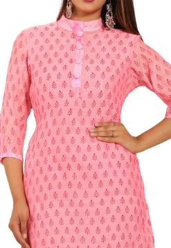 Block Printed Chanderi Silk Straight Kurta in Pink