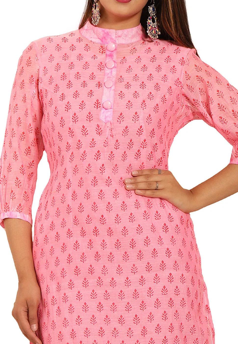 Block Printed Chanderi Silk Straight Kurta in Pink