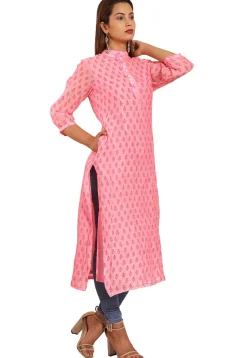 Block Printed Chanderi Silk Straight Kurta in Pink