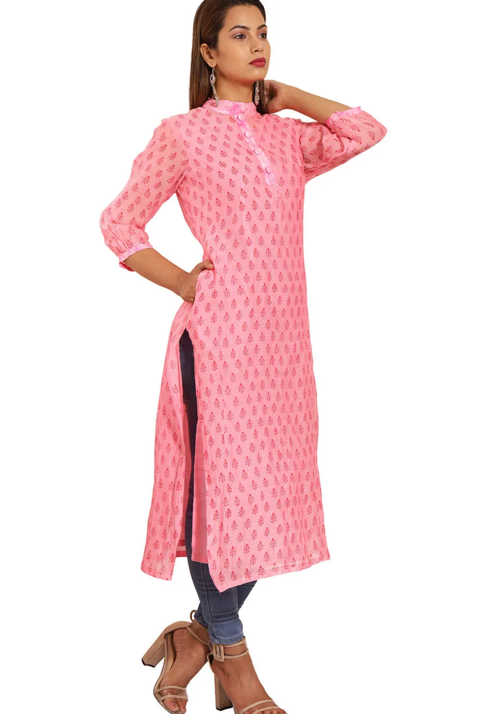 Block Printed Chanderi Silk Straight Kurta in Pink