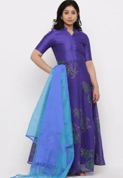 Block Printed Chanderi Silk Abaya Style Suit in Royal Blue