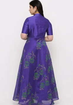 Block Printed Chanderi Silk Abaya Style Suit in Royal Blue