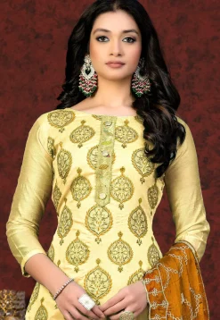 Block Printed Chanderi Silk Pakistani Suit in Yellow