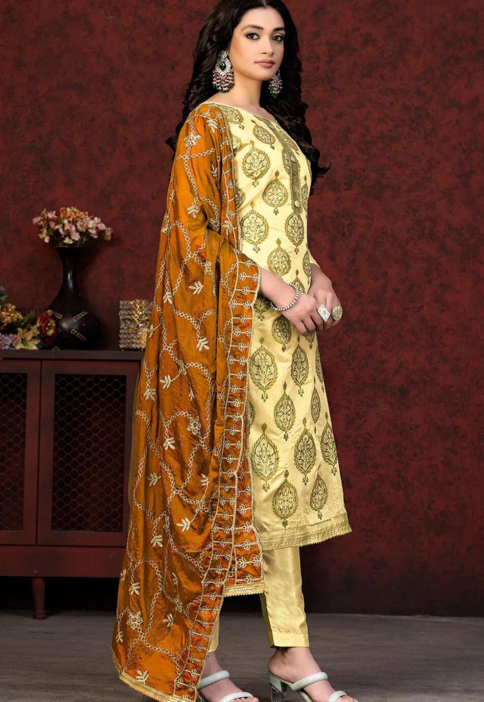 Block Printed Chanderi Silk Pakistani Suit in Yellow