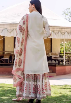Block Printed Chanderi Silk Pakistani Suit in Cream