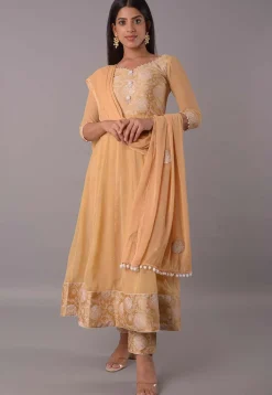 Block Printed Chiffon Anarkali Suit in Beige